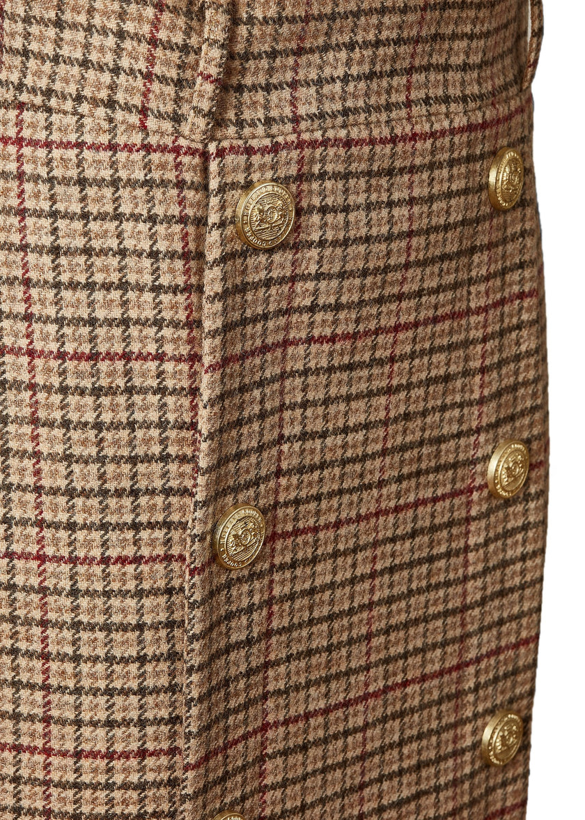 gold button front detail of womens wool pencil mini skirt in light brown and red tweed check with concealed zip fastening on centre back