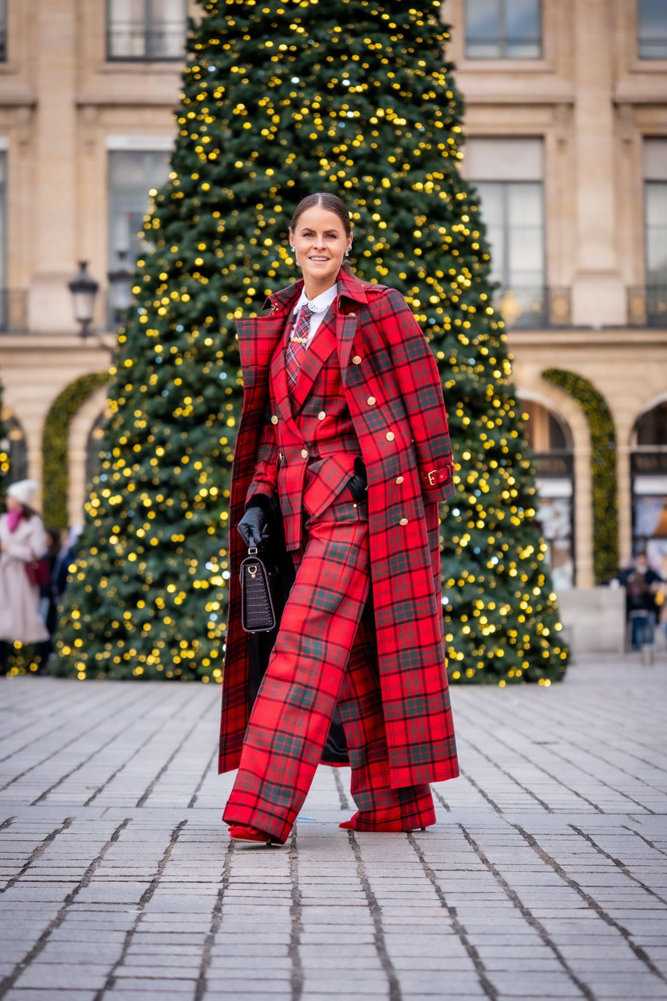 High Waisted Wide Leg Trouser - Turn Up (Red Tartan)