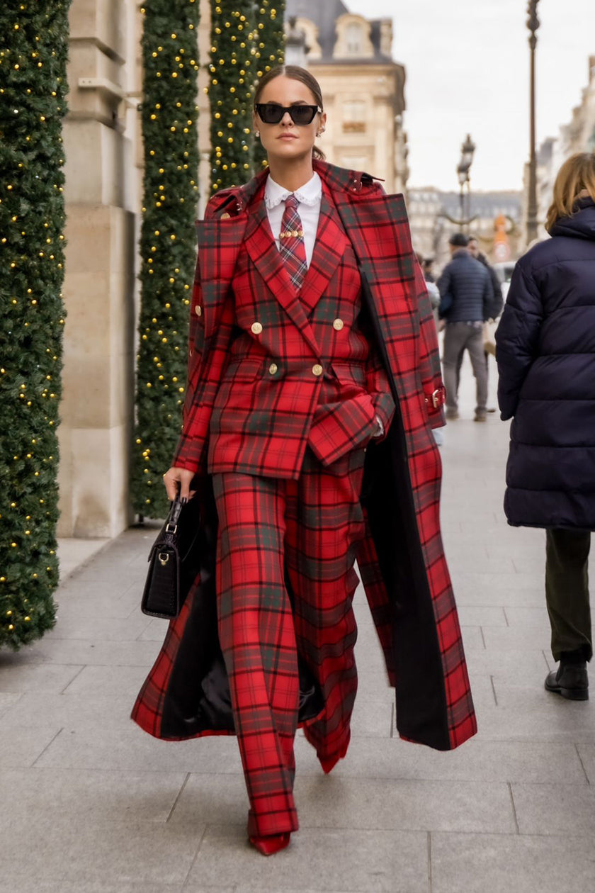 High Waisted Wide Leg Trouser - Turn Up (Red Tartan)