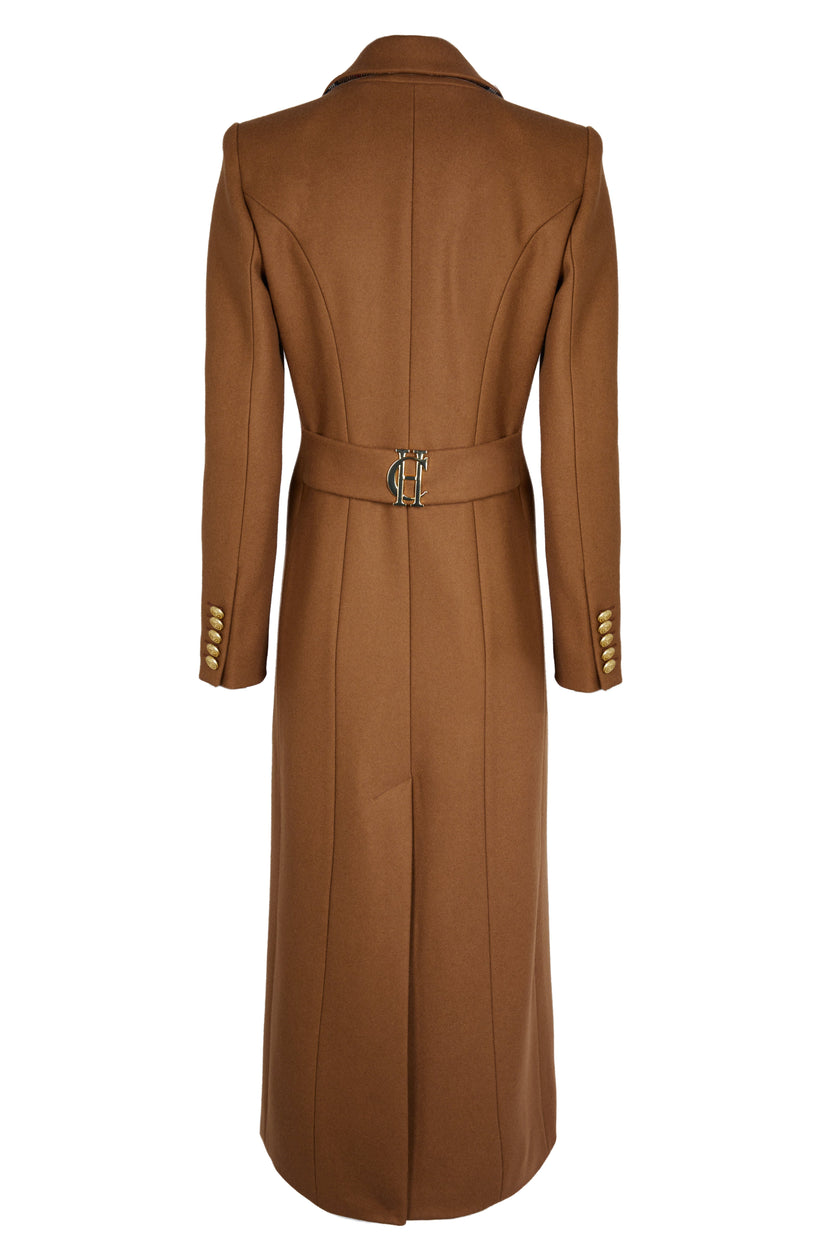 womens dark camel single breasted full length wool coat