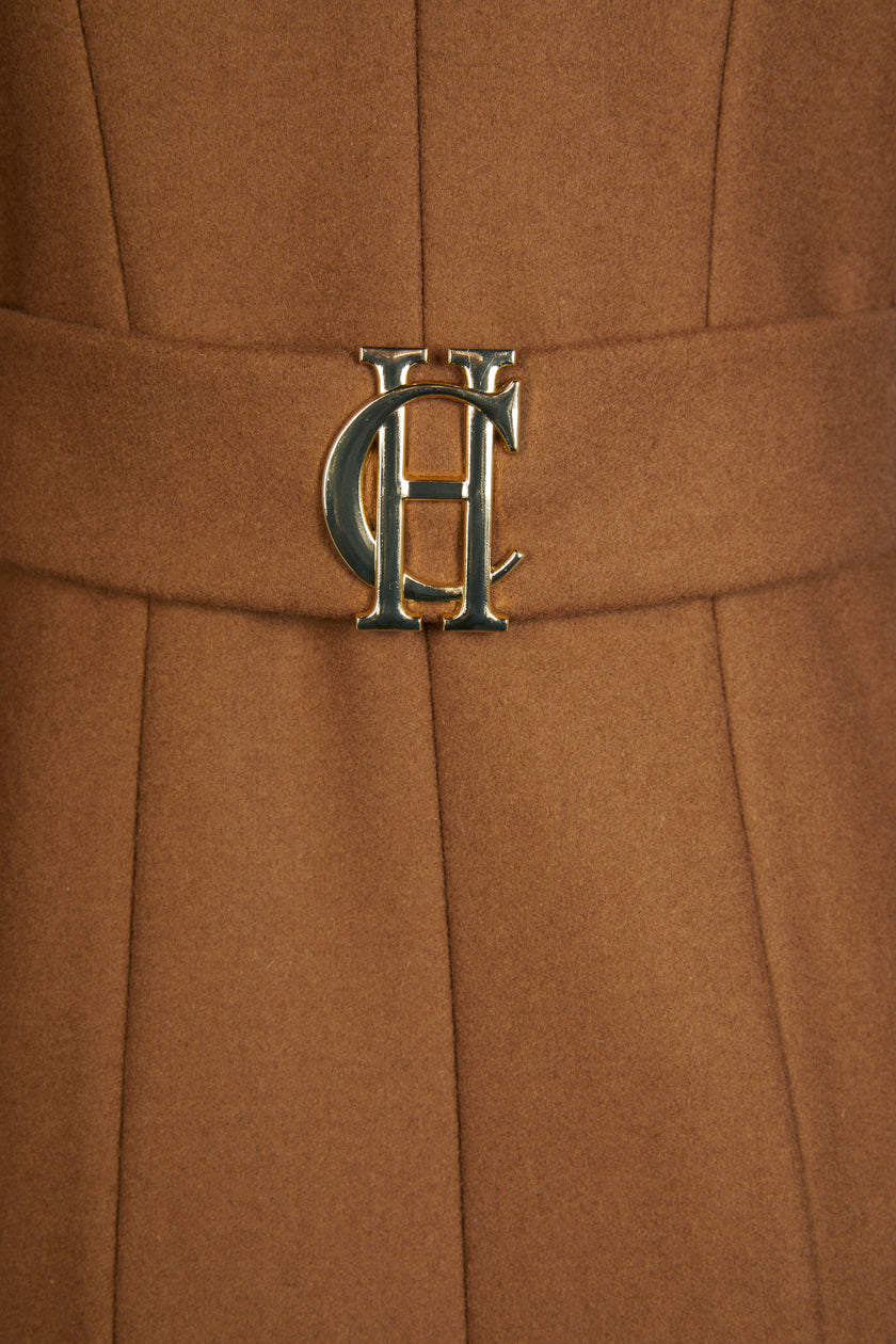 back gold hc detail on womens dark camel single breasted full length wool coat