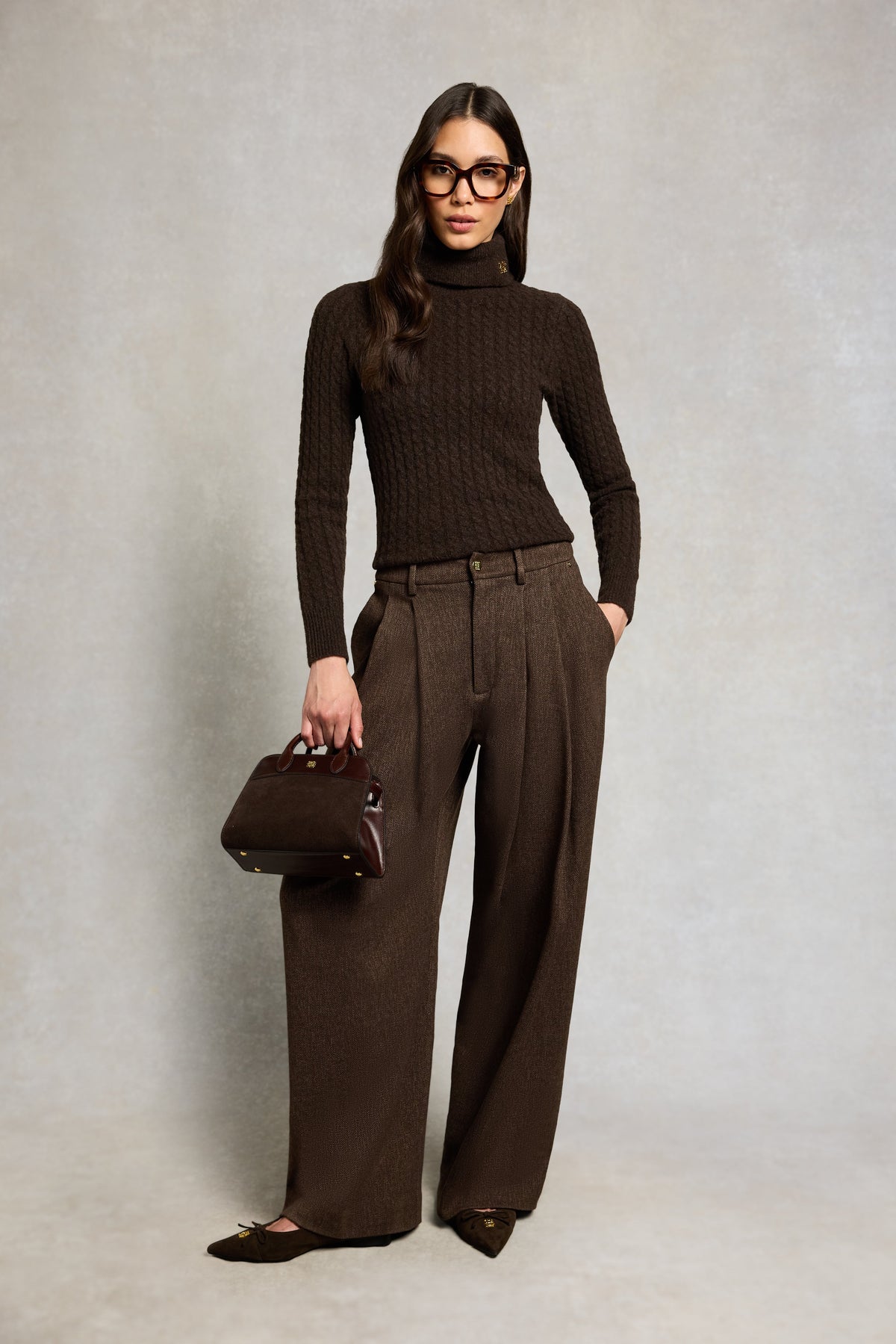 Richmond Wide Leg Trouser (Walnut Herringbone)