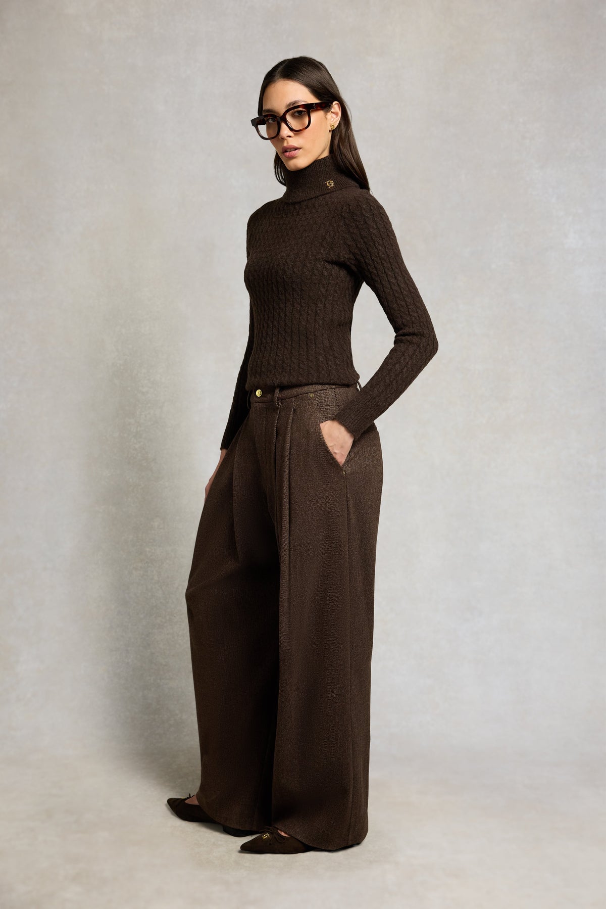 Richmond Wide Leg Trouser (Walnut Herringbone)