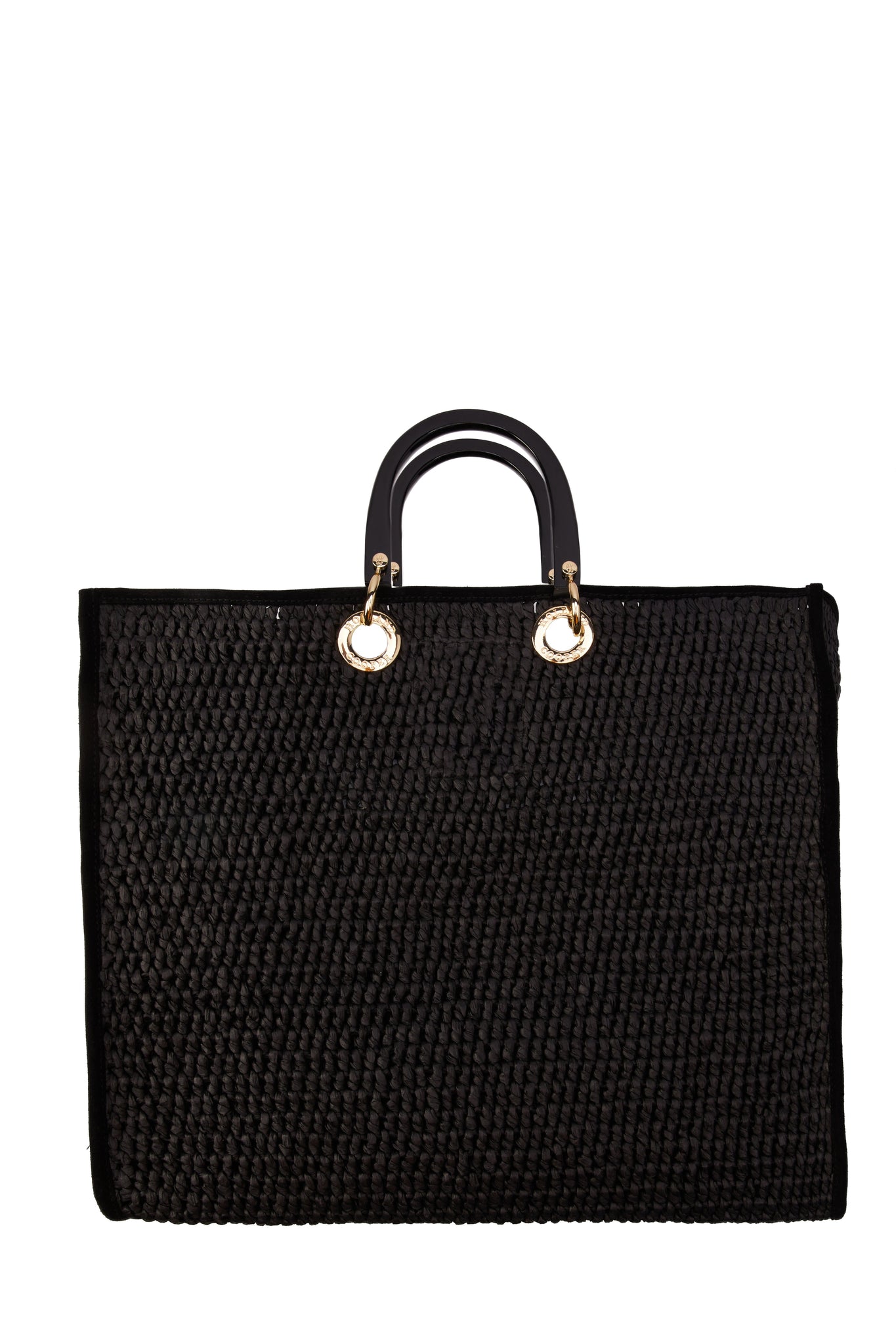 back of womens black raffia tote bag with black top handle and gold hardware