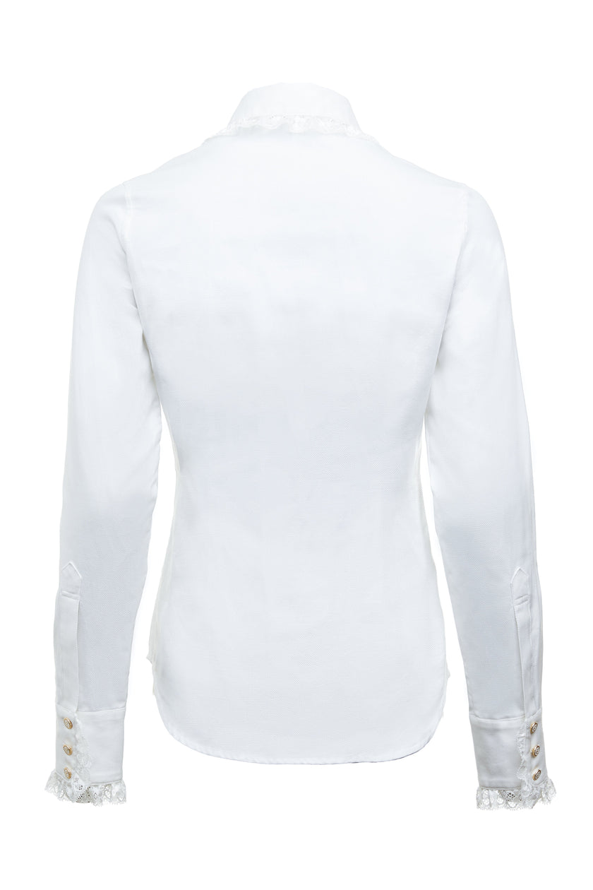 back image of feminine white shirt with delicate lace trim around the club style collar and cuffs and detailed with enamel holland cooper buttons