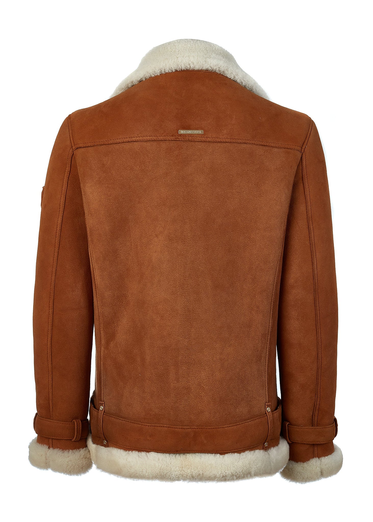 back of classic aviator jacket in tan leather with cream shearling inside that accents the cuffs hem and collar with belt detail on the hem and cuffs three pockets and angular zip fastening