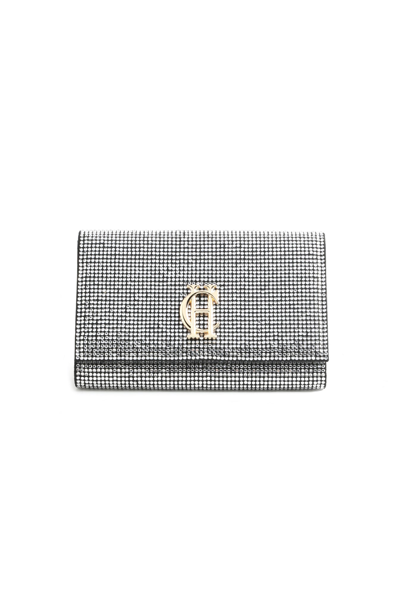 front shot of crystal embellished clutch bag