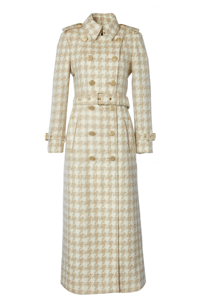 womens cream and camel houndstooth double breasted full length wool trench coat