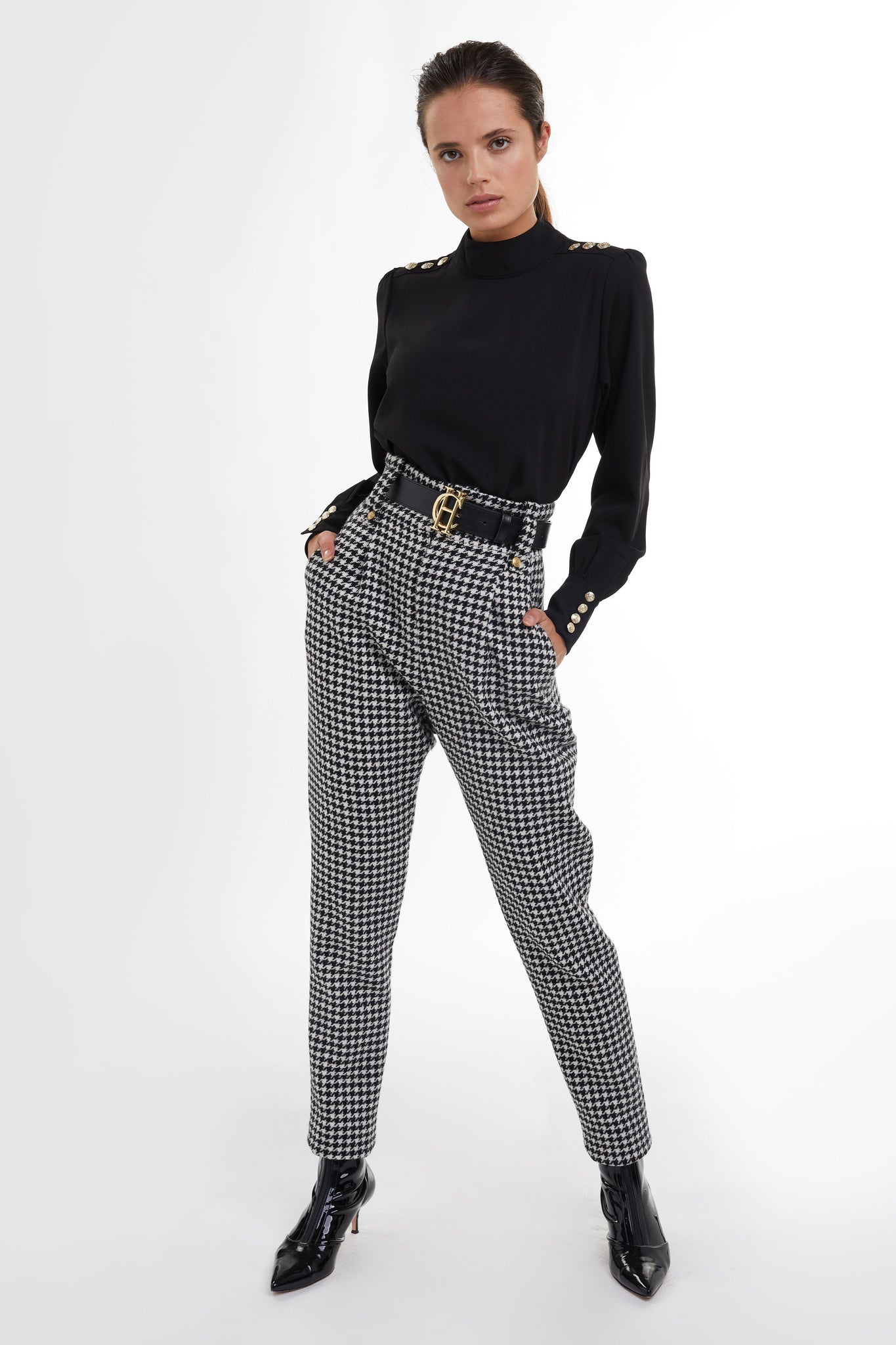 High Waisted Peg Trouser (Houndstooth)