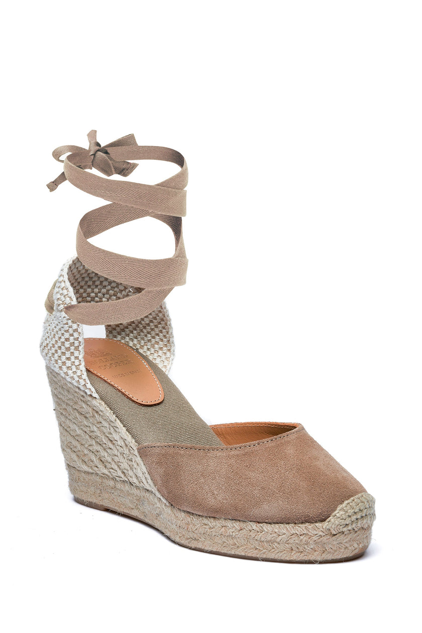 4 inch braided jute wedge heel with taupe suede top and tie up taupe ribbons around the ankle