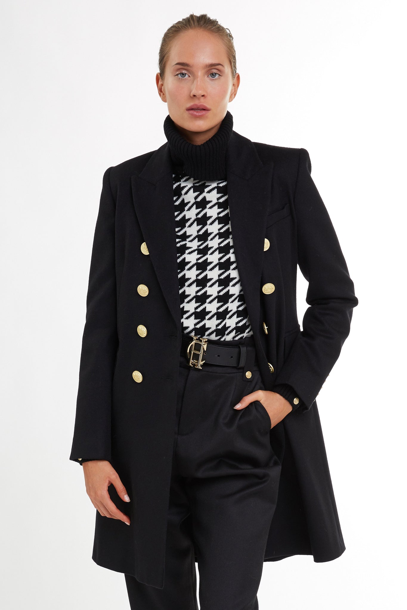 black wool womens coat with gold hardware