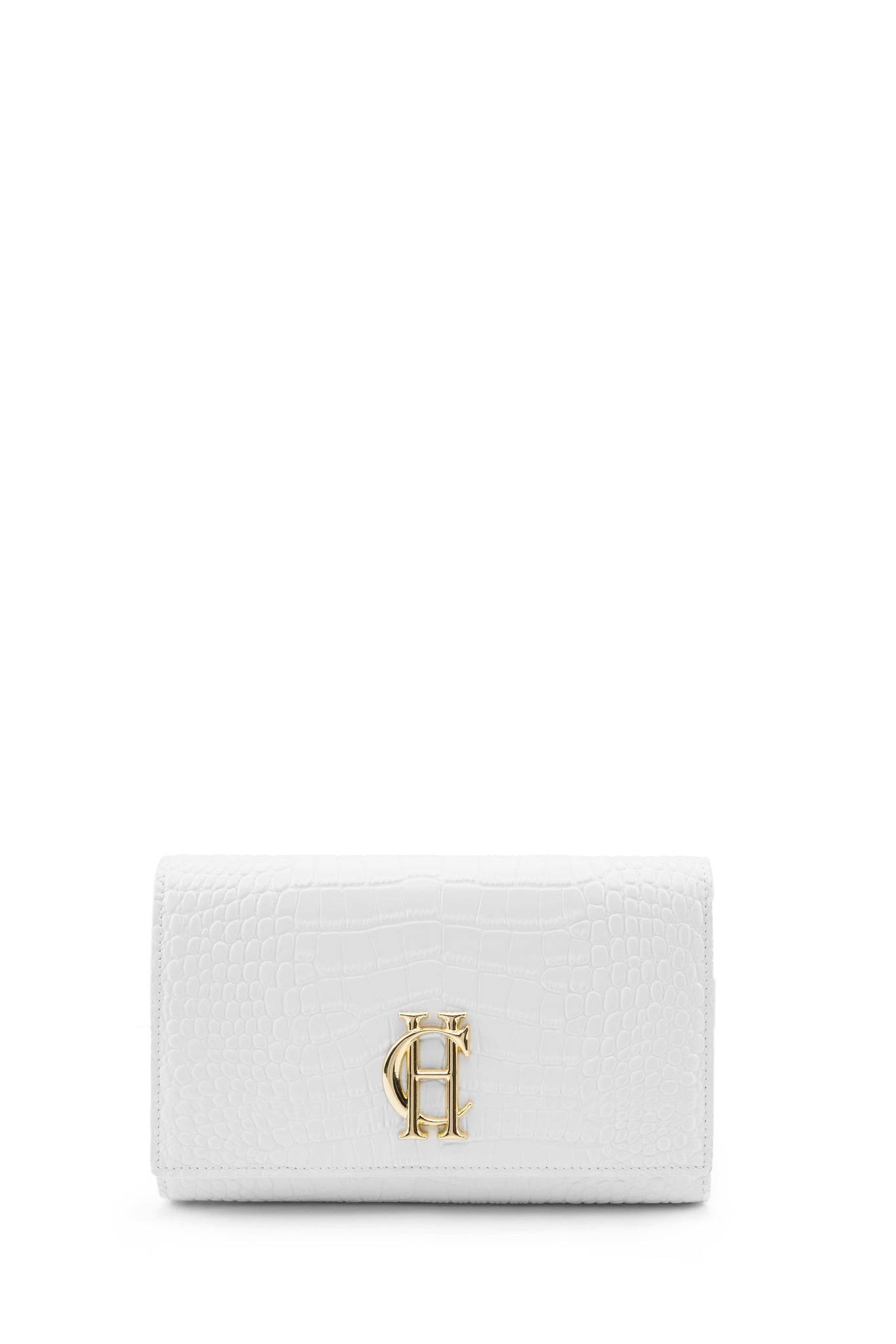 womens white croc embossed leather clutch bag with gold hardware