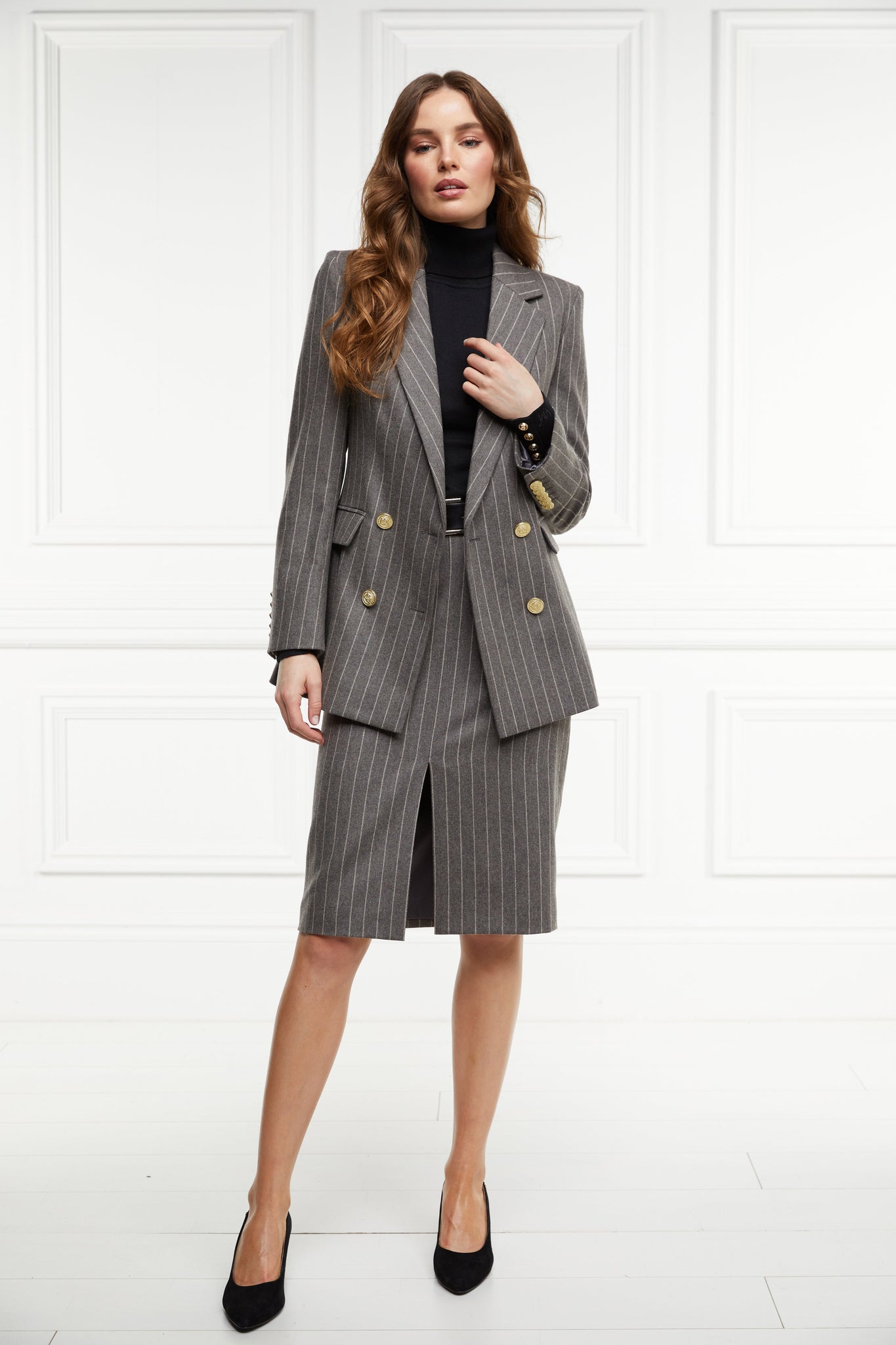 Mayfair Pencil Skirt (Soft Grey Pinstripe)