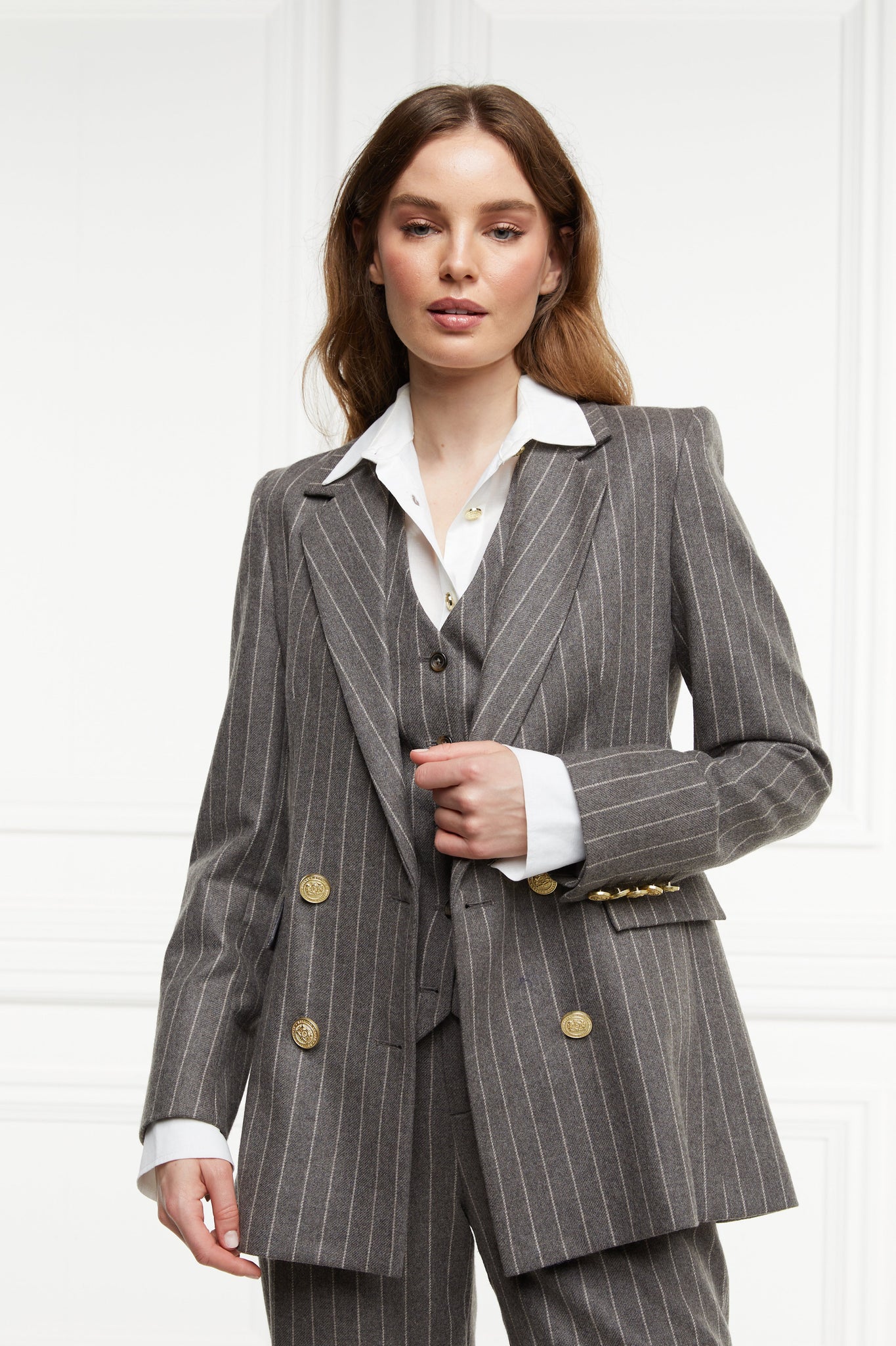 Double Breasted Blazer (Soft Grey Pinstripe) - Main Image