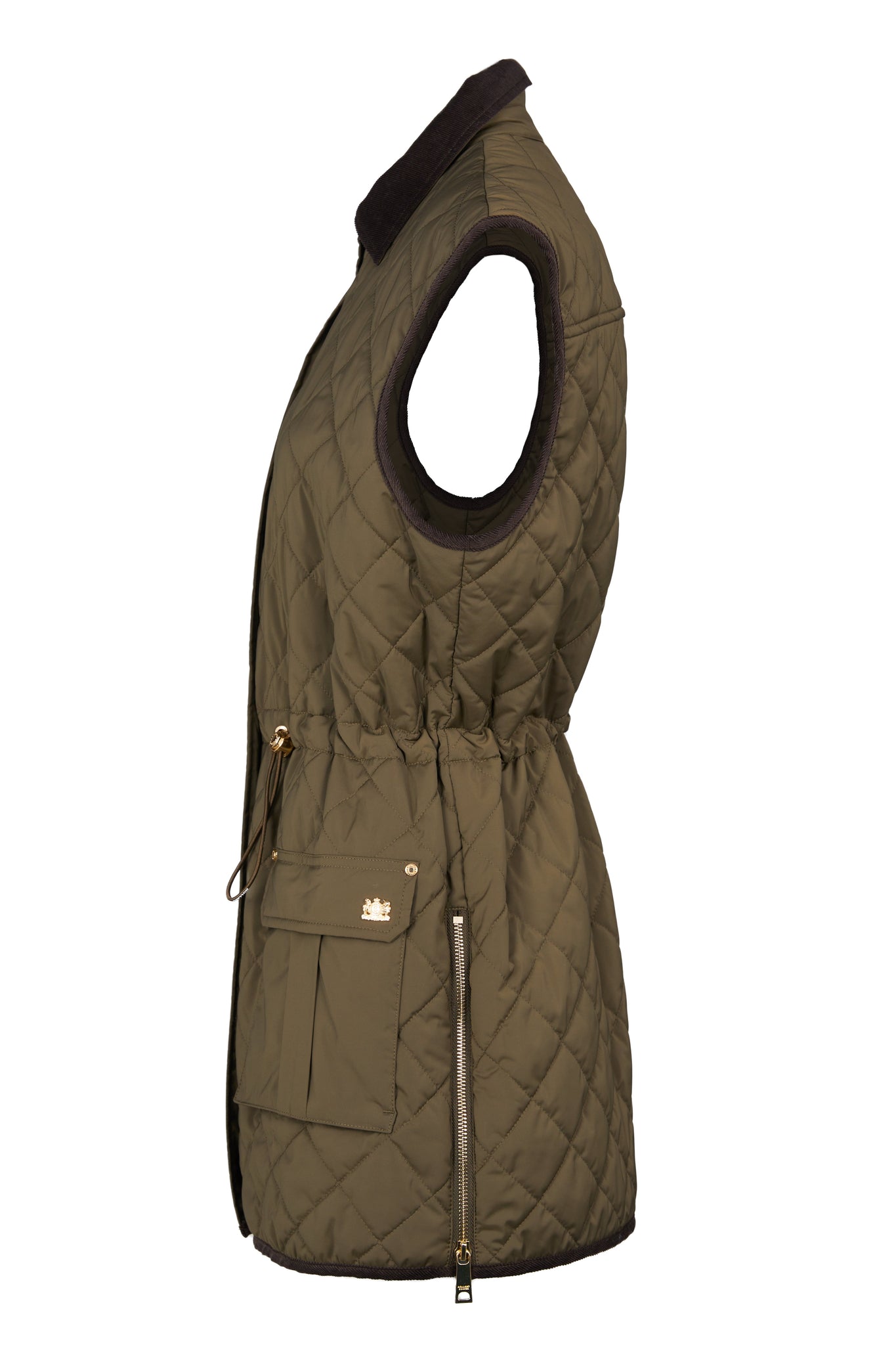 side of womens khaki quilted gilet with a dark brown collar and seams along the arm holes with drawstring toggles on the waist and two front pockets