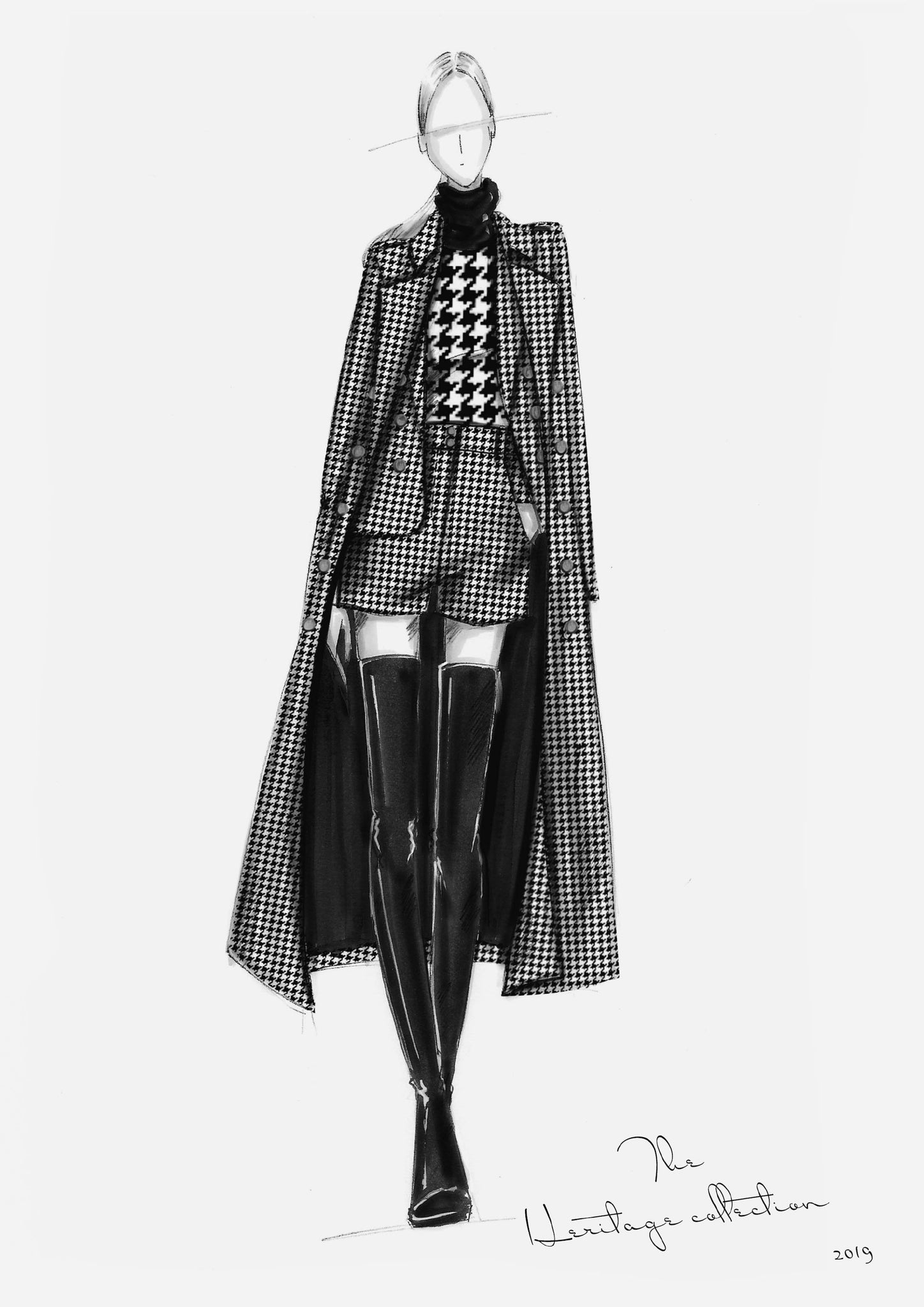 Illustration of model wearing black and white houndstooth womens trench coat, jumper, shorts and over the knee black boots