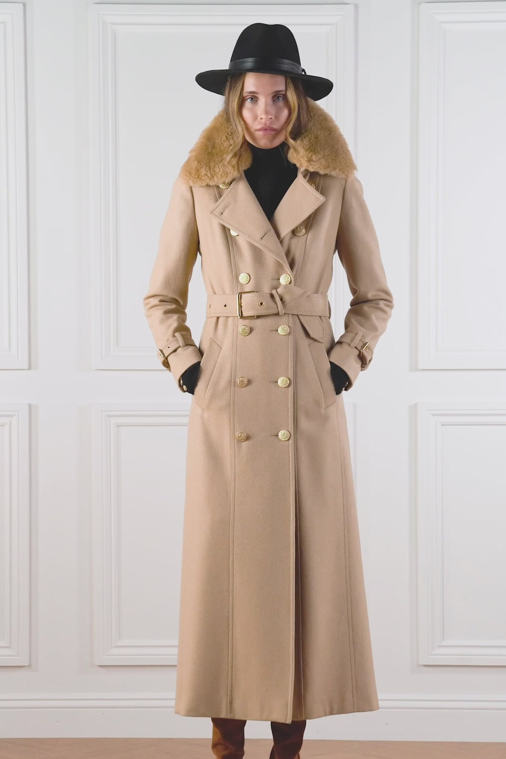 womens natural wool houndstooth double breasted full length trench coat with natural faux fur collar