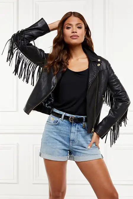 Fringed Leather Biker Jacket (Black)