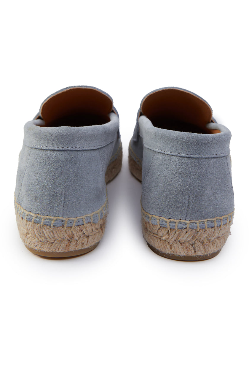 Back of light blue suede classic espadrille with plaited jute sole