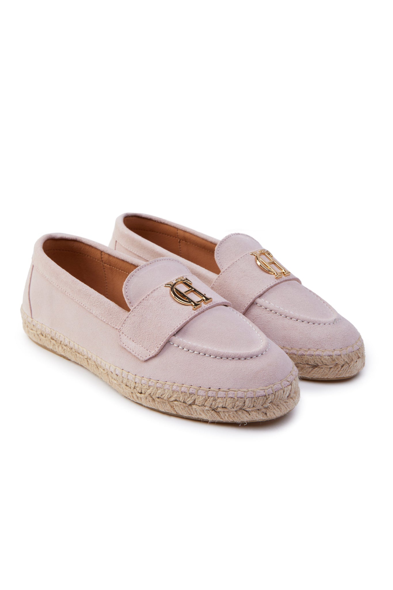 light pink suede classic espadrille with plaited jute sole and gold hardware on top